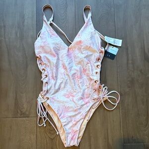 L.A. Hearts Side Lace Up One Piece Bikini Pink Floral